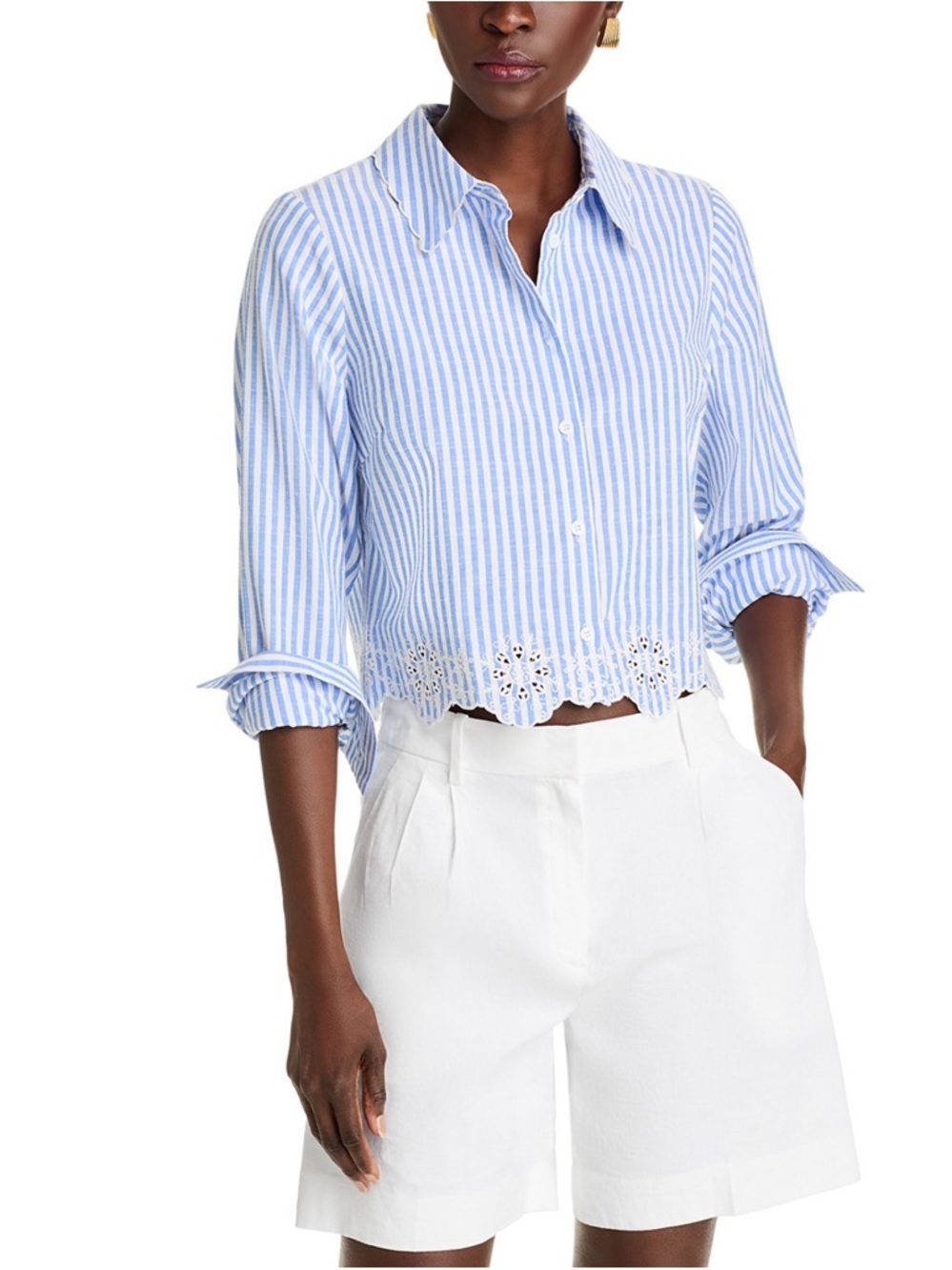 Aqua Blue and White Striped Eyelet-Hem Button-Down Shirt. Sz S